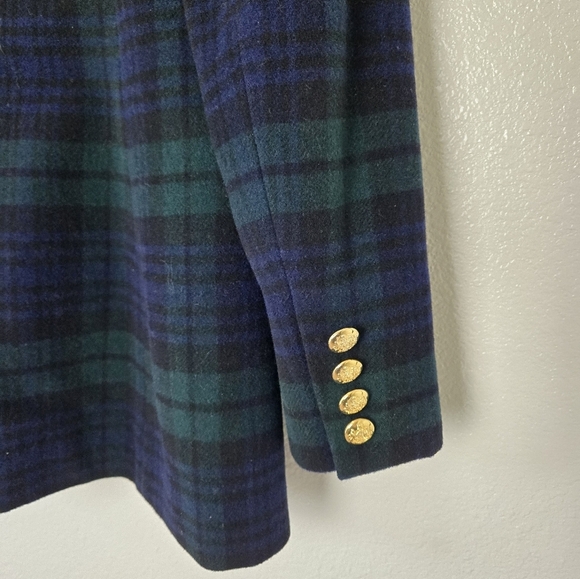 Vintage Ralph Lauren Tartan Plaid Wool Cashmere Check Blazer Green Navy Size 8P - Picture 7 of 15